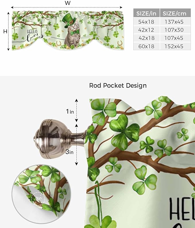 Lucky Cat St. Patrick's Day Blackout Tie Up Valance Curtains for Kitchen Windows Green Spring Shamrocks Tree Window Toppers Balloon Shades for Living Room/Bathroom/Bedroom,1 Panel, 42" X 18"