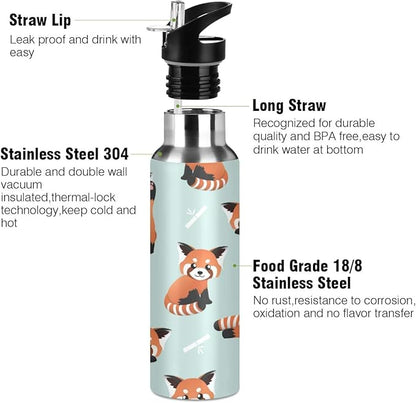 22 OZ Cute Red Panda Water Bottle with Straw - BPA Free Leakproof Stainless Steel Water Bottle for Women Men Water Jug for Fitness Gym Outdoor Sport