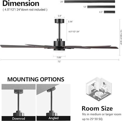 60/80 inch Ceiling Fan (Black-Walnut, 72" (LED Light / 3 Downrods))