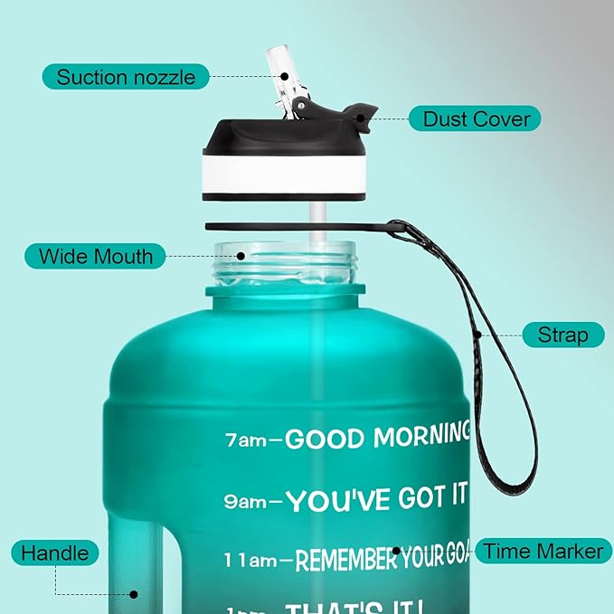 QuiFit Motivational Gallon Water Bottle - with Straw & Time Marker BPA Free Large Reusable Sport Water Jug with Handle for Fitness Outdoor Enthusiasts Leak-Proof
