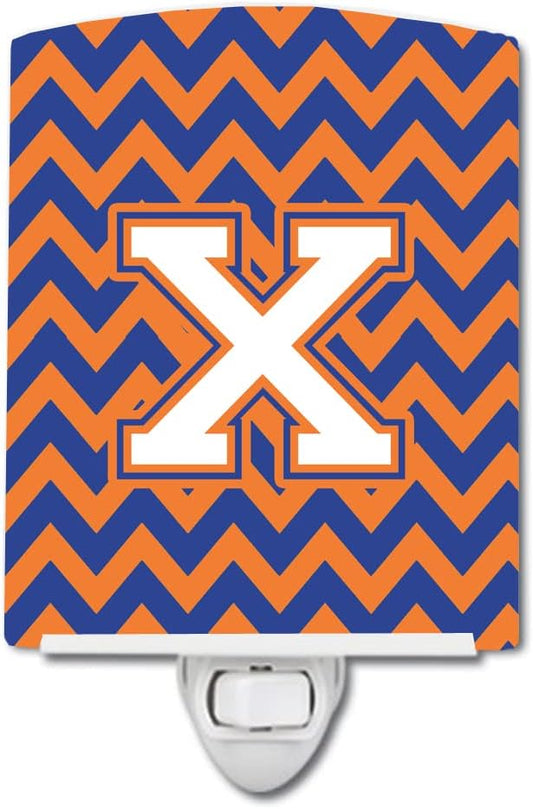 Caroline's Treasures CJ1060-XCNL Letter X Chevron Blue and Orange #3 Ceramic Night Light Compact, UL-Certified, Ideal for Bedroom, Bathroom, Nursery, Hallway, Kitchen, 6x4x3, Multicolor