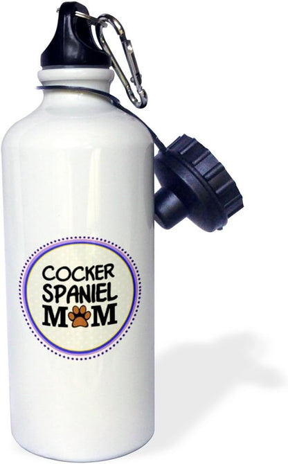 3dRose "Cocker Spaniel Dog Mom-Doggie mama by breed-paw print mum love-doggy lover-proud pet owner" Sports Water Bottle, 21 oz, White