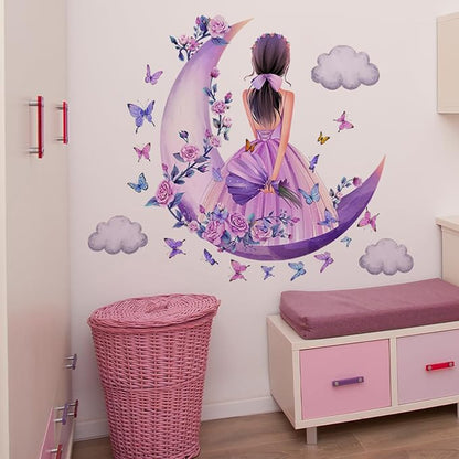2 Sheets Princess Wall Decals Girls Room Purple Rose Floral Wall Stickers Removable Fariy Wall Decals Peel and Stick Butterfly Room Decor for Girls Bedroom Office Kids Nursery with Moon & Clouds