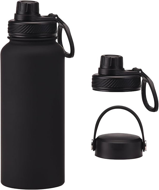 Black 32 OZ Insulated Water Bottle, Large Metal Stainless Steel Water Flask, Big Sports Travel Water Bottle with 2 Lids, Insulated Thermos Thermal Mug Cup