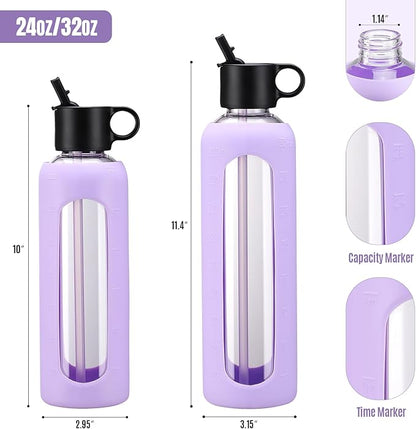 32oz Glass Water Bottle With 2 Lids-Flip Straw Lid, Bamboo Lid, Glass Water Bottle With Silicone Sleeve, Motivational Time Marker, Glass Juice Bottle for Cold Drink,Purple