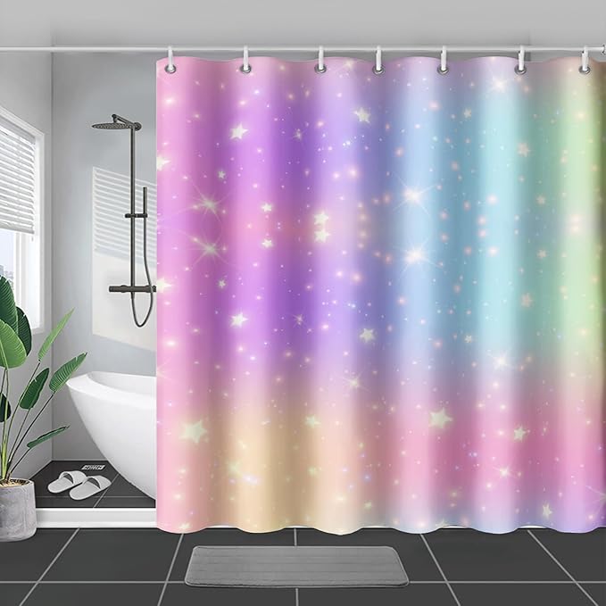 AILONEN Sparkling Stars Shower Curtain, Rainbow Shining Stars Cloth Bath Curtain Set for Girls Teens Kids Rainbow Lover,Fantasy Gradient Shower Curtain Liner,48" W*72" H