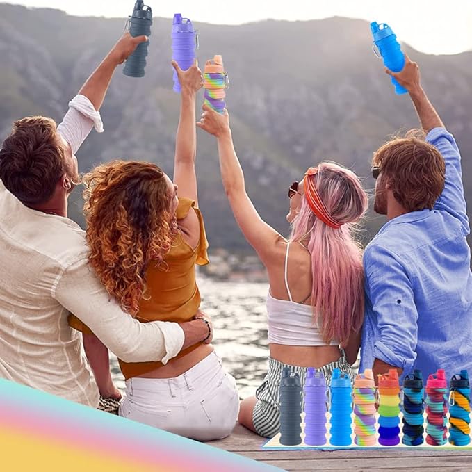 Collapsible Water Bottles 3 pack Travel Water Bottle Portable Hiking Water Bottle with Leak proof Twist Cap 500ML Reusable BPA Free Silicone Water Bottles with Carabiner. (Colorful)