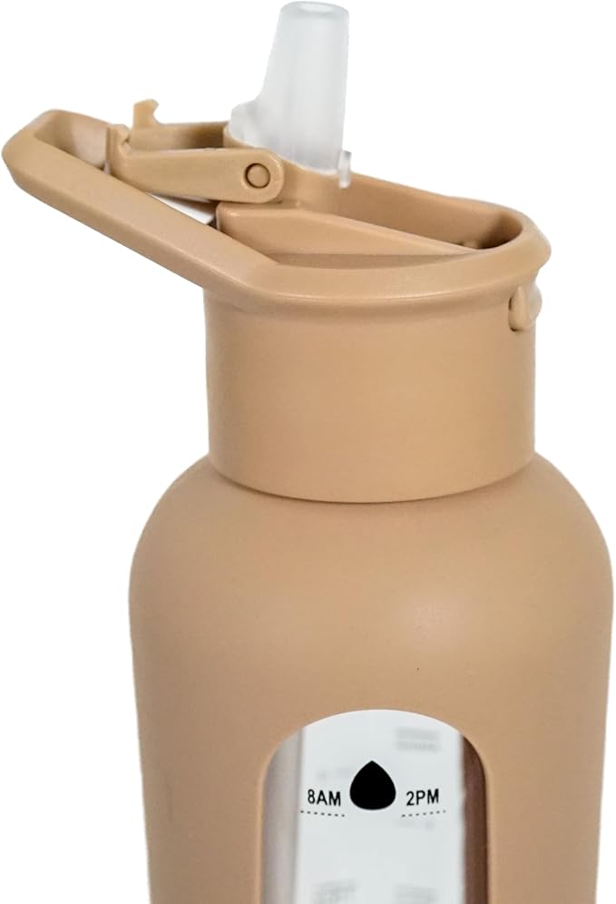 24oz Glass Motivational Water Bottle with Flip Lid Straw, Silicone Protective Sleeve, Handle, Reusable BPA Free (Amber)