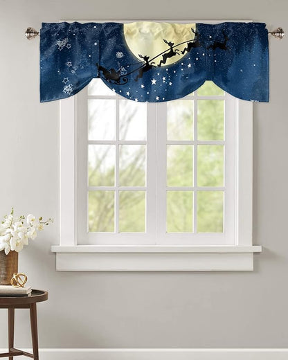 Christmas Blackout Tie Up Valance Curtains for Kitchen Windows Santa Claus Reindeer Window Toppers Balloon Shades for Living Room/Bathroom/Bedroom,1 Panel,42" X 18" Blue Snowy Night