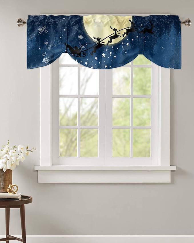 Christmas Blackout Tie Up Valance Curtains for Kitchen Windows Santa Claus Reindeer Window Toppers Balloon Shades for Living Room/Bathroom/Bedroom,1 Panel,60" X 18" Blue Snowy Night