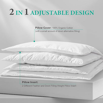 APSMILE 2-in-1 Assembleable Goose Feathers Down Pillow for Sleeping, Standard/Queen Size Soft-Medium-Firm Adjustable Bed Pillow Insert for Stomach, Back or Side Sleepers, 20x28