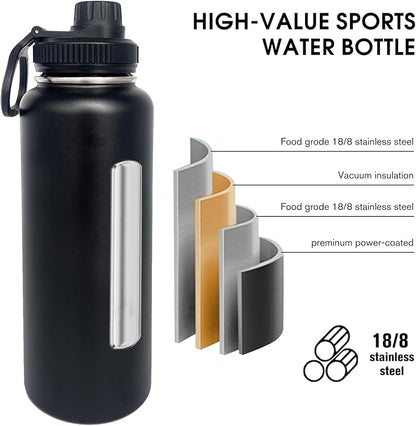 4pack 40 oz Insulated Water Bottle With Straw, Stainless Steel Sports Water Cup Flask with 2 Lids, Wide Mouth Travel Thermal Mug,Black