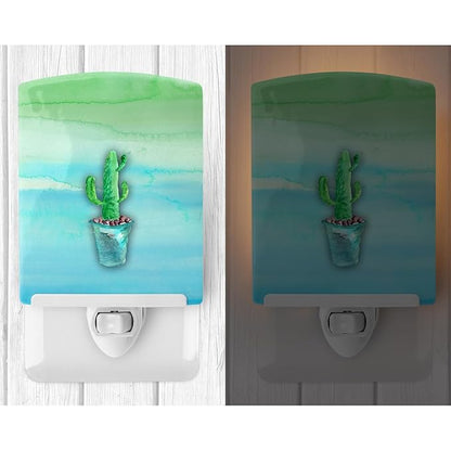 Caroline's Treasures BB7362CNL Cactus Teal and Green Watercolor Ceramic Night Light Compact, UL-Certified, Ideal for Bedroom, Bathroom, Nursery, Hallway, Kitchen, 6x4x3, Multicolor