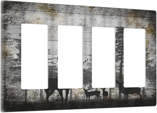 Rustic Deer Forest Vintage Wood Board 4 Gang Rocker Decora Boho Light Switch Cover Decorative Country Unique Outlet Covers Wall Plate Electrical Faceplate Switchplate GFCI for Farmhouse