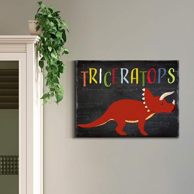 Renditions Gallery Canvas Animal Wall Art Modern Decorations Paintings Colorful Playful Triceratops Vibrant Dinosaur Canvas Wall Hanging Artwork for Kids Bedroom Nursery - 18"x27" LT33