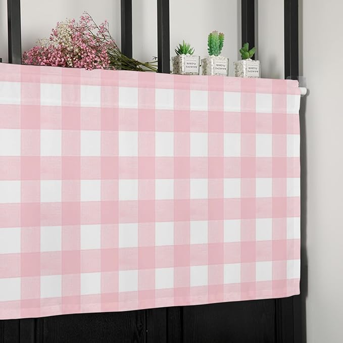 Christmas Valance Curtains for Kitchen Windows Rustic Pink White Buffalo Check Plaid Pattern Rod Pocket Window Treatment Toppers for Kitchen/Living Room/Bedroom/Bathroom, 54" X 18", Farmhouse