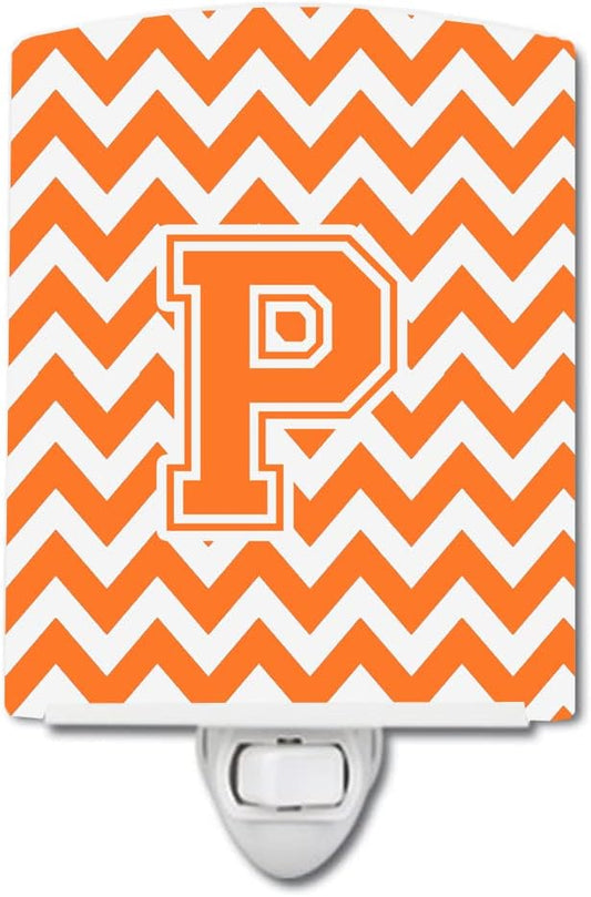Caroline's Treasures CJ1046-PCNL Letter P Chevron Orange and White Ceramic Night Light Compact, UL-Certified, Ideal for Bedroom, Bathroom, Nursery, Hallway, Kitchen, 6x4x3, Multicolor