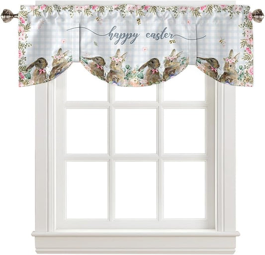 Rabbits Flowers Easter Blackout Tie Up Valance Curtains for Kitchen Windows Eucalyptus Leaf Spring SummerWindow Toppers Balloon Shades for Living Room/Bathroom/Bedroom,1 Panel, 60" X 18",Buffalo Plaid