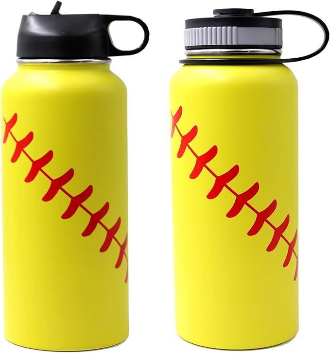 32 oz Softball Water Bottle, Flask Sports with 2 Lids Double Wall Vacuum Insulated Stainless Steel Wide Mouth Hot & Cold Thermo Mug (32oz, Yellow Softball)