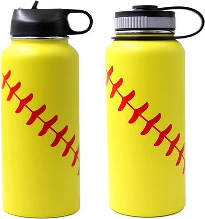 32 oz Softball Water Bottle, Flask Sports with 2 Lids Double Wall Vacuum Insulated Stainless Steel Wide Mouth Hot & Cold Thermo Mug (32oz, Yellow Softball)