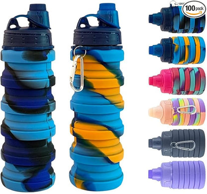 Collapsible Water Bottles 2 pack Travel Water Bottle Portable Hiking Water Bottle with Leak proof 500ML Reusable BPA Free Silicone Water Bottles. (Blue Camouflage +Yellow Camouflage)
