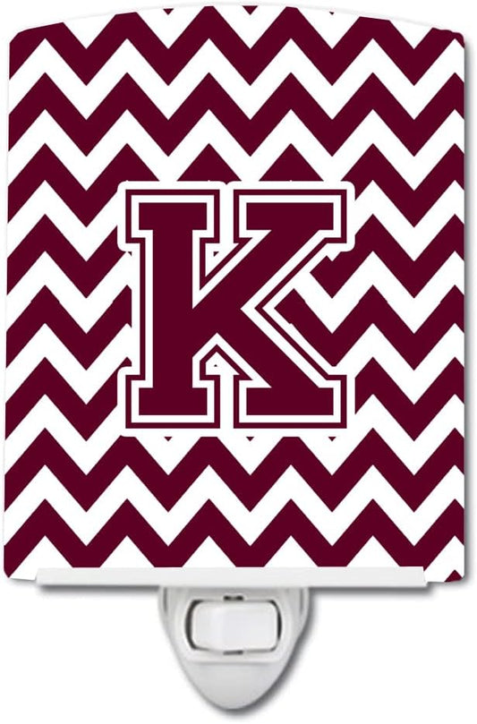 Caroline's Treasures CJ1051-KCNL Letter K Chevron Maroon and White Ceramic Night Light Compact, UL-Certified, Ideal for Bedroom, Bathroom, Nursery, Hallway, Kitchen, 6x4x3, Multicolor