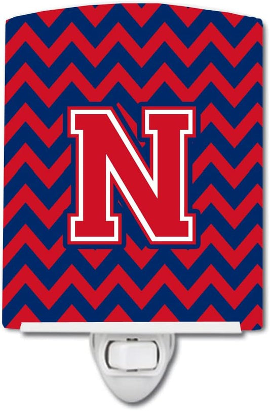 Caroline's Treasures CJ1054-NCNL Letter N Chevron Yale Blue and Crimson Ceramic Night Light Compact, UL-Certified, Ideal for Bedroom, Bathroom, Nursery, Hallway, Kitchen, 6x4x3, Multicolor