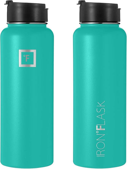 IRON °FLASK Sports Water Bottle - Wide Mouth with 3 Spout Lids - Stainless Steel Gym & Outdoor Bottles for Men, Women & Kids - Double Walled, Insulated Thermos, Metal Canteen - Aquamarine, 40 Oz