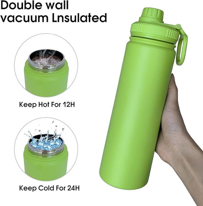 22oz Insulated Water Bottle ，Stainless Steel Sports Water Cup Flask with 2 Lids, Wide Mouth Travel Thermal Mug,Outdoor Sports Bottle（Lemon Green）