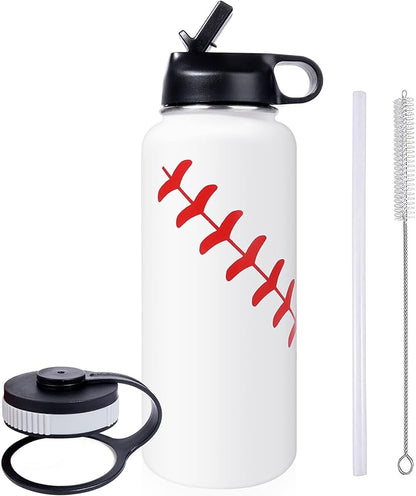 40oz Wide Mouth Baseball Water Bottle with Two Lids(Straw, Handle Lid), 18/8 Stainless Steel Vacuum Insulated for Travel & Sport Cup. (Baseball White, 40oz)