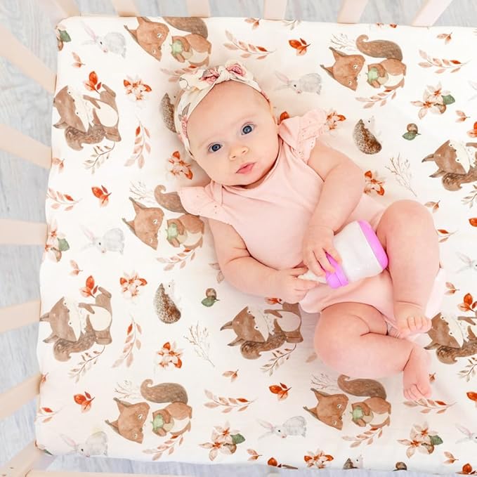 4 Pack N Play Sheets Woodland Forest Animals Wood Neutral Unisex Fitted Baby N Play Sheets Fitted for Standard Pack and Plays and Mini Cribs Set for Baby Boys or Girls (Beer)