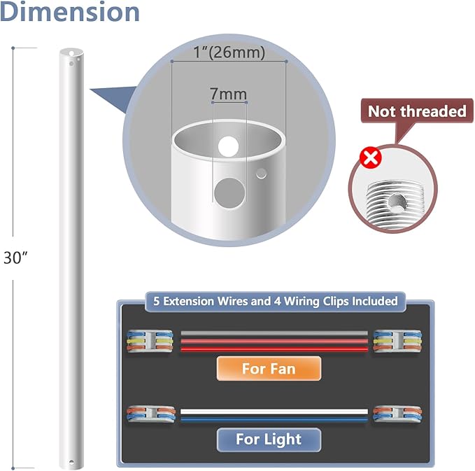 30" Ceiling Fan Downrod, 【1 Outside Diameter】 Matte White Extended Downrod, including 4 Wire Connectors and 5 Extension Wires (No Threads)