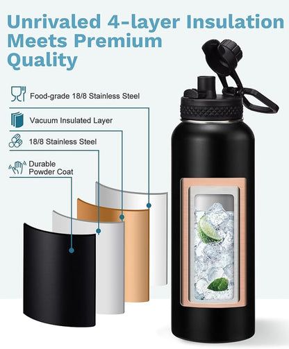 40 oz Insulated Water Bottle - w/Straw Spout Lids, Paracord Handle, Silicone Boot, Metal Flask Water Bottle Carrier with Strap, Leak Proof Stainless Steel Thermal Flask Keep Cold 48h & Hot 24h