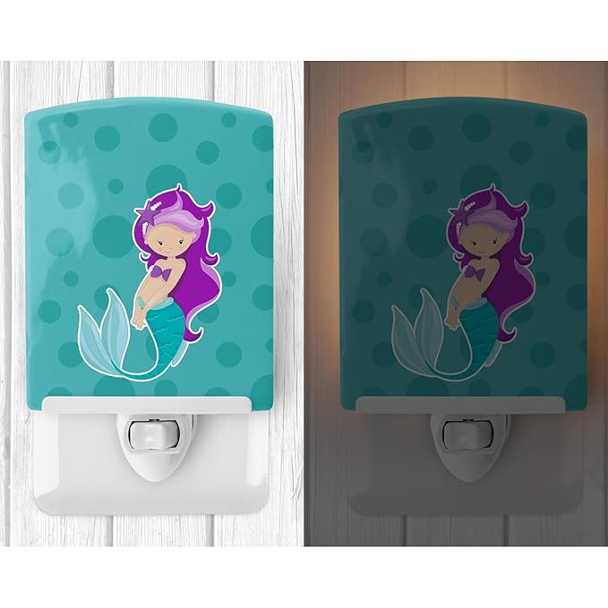Caroline's Treasures BB8826CNL Beach Mermaid Purple Hair Ceramic Night Light Compact, UL-Certified, Ideal for Bedroom, Bathroom, Nursery, Hallway, Kitchen, 6x4x3, Multicolor