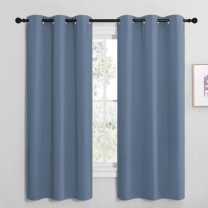 NICETOWN Short Curtains for Kitchen, Thermal Insulated Solid Grommet Blackout Window Treatment Curtain Panels for Loft, Cafe (Stone Blue, 1 Pair, 42 inches Wide by 68 inches Long)