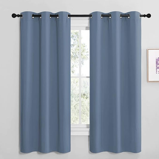 NICETOWN Short Curtains for Kitchen, Thermal Insulated Solid Grommet Blackout Window Treatment Curtain Panels for Loft, Cafe (Stone Blue, 1 Pair, 42 inches Wide by 68 inches Long)