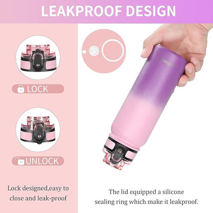 GOPPUS 20 oz Kids Water Bottle with Straw Wide Mouth Lid Double Walled Insulated Stainless Steel Water Bottles with Strap Handle Stickers for Boys Girls School (Pink Purple 1 Lid)