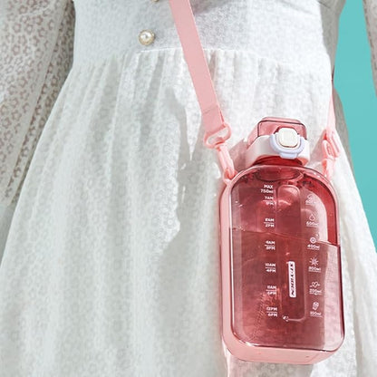 750ML Square Transparent Water Bottle, Cute Sports Water Jug with Adjustable Strap, Portable Motivational Water Bolttles for Travel, Hiking and Outdoor Workouts