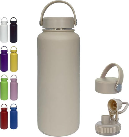 40oz Insulated Water Bottle ，Stainless Steel Sports Water Cup Flask with 2 Lids, Wide Mouth Travel Thermal Mug,Outdoor Sports Bottle（Cream apricot）