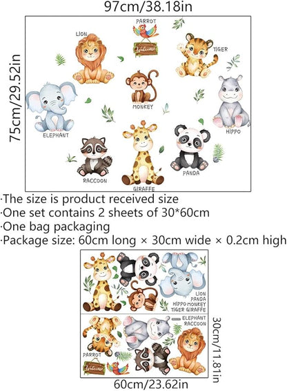 Baby Animal Wall Stickers Panda Lion Giraffe Wall Decals Premium Vinyl Jungle Animal Wall Decals for Nursery Living Room TV Sofa Background Bedroom Kids Room