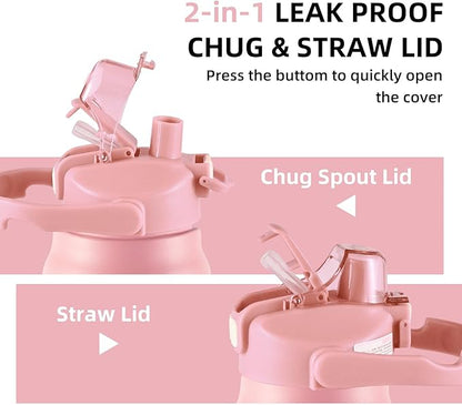 50oz/1.5L Insulated Sports Water Bottle, Stainless Steel Double Wall Water Jug with Handle, 2-in-1 Chug Spout and Straw Lid with Lock Cover for School, Outdoor, Sports & Travel, Pink