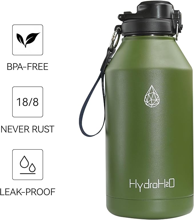 64 oz Insulated Water Bottle With Straw Pop-up & Auto Spout Lid, Flex Handel, Waterbottle Strap Carrier, Half Gallon Stainless Steel Water Hydro Jug Thermo Flask(Chive Green)