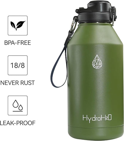 64 oz Insulated Water Bottle With Straw Pop-up & Auto Spout Lid, Flex Handel, Waterbottle Strap Carrier, Half Gallon Stainless Steel Water Hydro Jug Thermo Flask(Chive Green)
