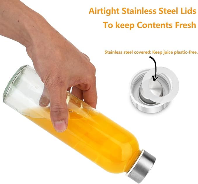Glass Juice Bottles with Lids for Juicing 18 oz, Reusable Clear Glass Water Bottles with Stainless Steel Airtight Cap for Refrigerator, 100% Leak Proof, BPA Free, Set of 6