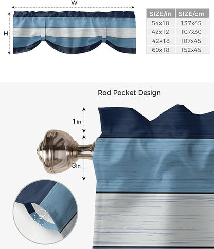 Farmhouse Blackout Tie Up Valance Curtains for Kitchen Windows,Navy Sky Blue White Window Toppers Balloon Shades for Living Room/Bathroom/Bedroom,1 Panel,42" X 12" Retro Rustic Barn Wood Texture