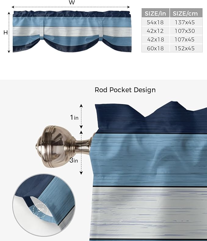 Farmhouse Blackout Tie Up Valance Curtains for Kitchen Windows,Navy Sky Blue White Window Toppers Balloon Shades for Living Room/Bathroom/Bedroom,1 Panel,60" X 18" Retro Rustic Barn Wood Texture