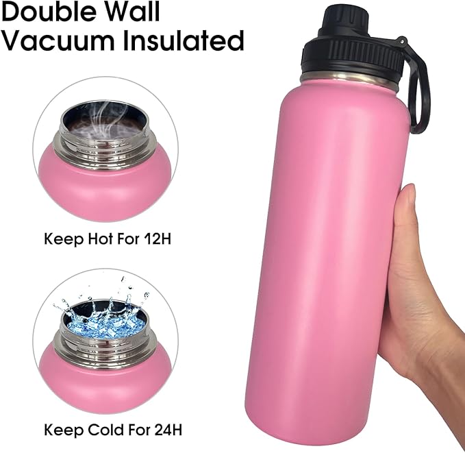 4pack 40 oz Insulated Water Bottle With Straw, Stainless Steel Sports Water Cup Flask with 2 Lids, Wide Mouth Travel Thermal Mug,Pink