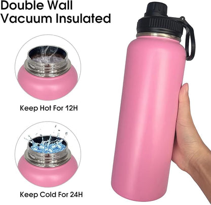 4pack 40 oz Insulated Water Bottle With Straw, Stainless Steel Sports Water Cup Flask with 2 Lids, Wide Mouth Travel Thermal Mug,Pink