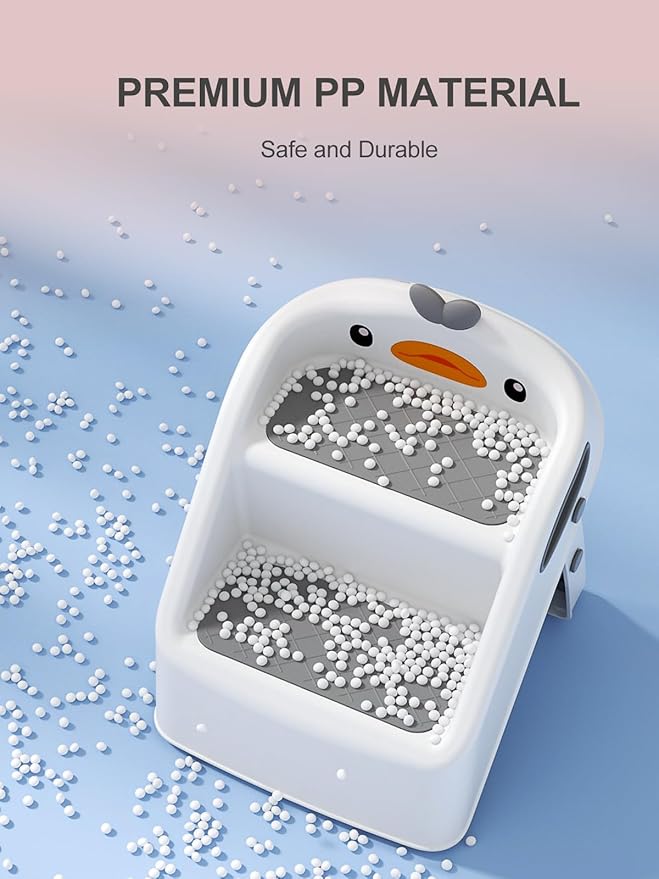 Toddler Step Stool, White & Grey, Foldable 2 Step Stool for Kids Bathroom Sink Potty Toilet, to Give Stepping Stool for Todders 1-3 More Independence, Easy to Use & Carry & Wash