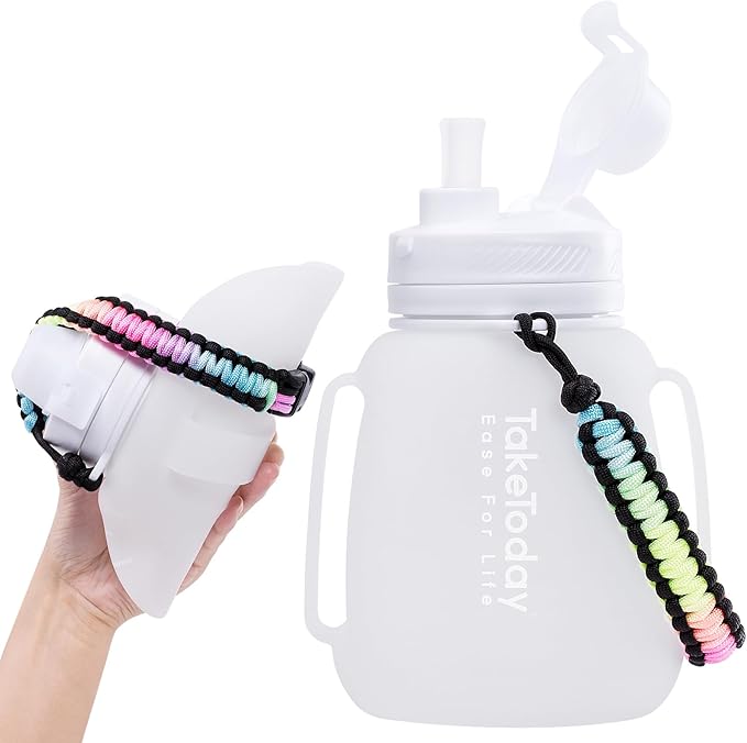 Motivational Collapsible Water Bottle with Straw and Paracord Handle 1.2L 40 OZ Reusable Silicone Sports Water Jug with Time Marker Leakproof Large Water Bottles for Yoga Outdoors